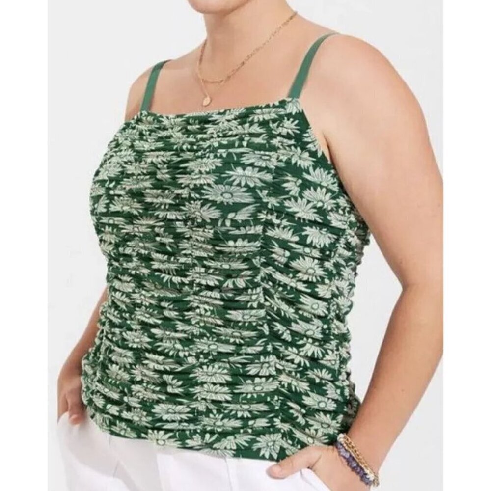 Torrid Floral Stretch Mesh Cropped Shirred Cami Tank Green Top